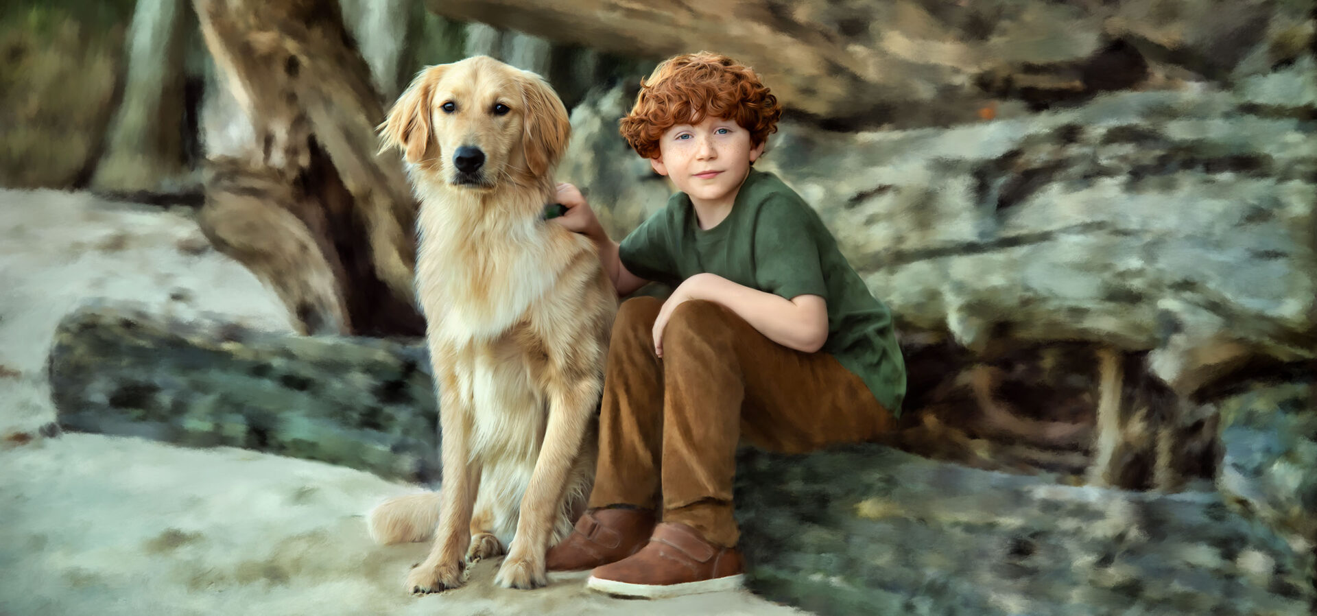 Painted portrait of a red hair boy and his golden retriever sitting on a log on the beach in Williamsburg, VA taken by Marika H Photography