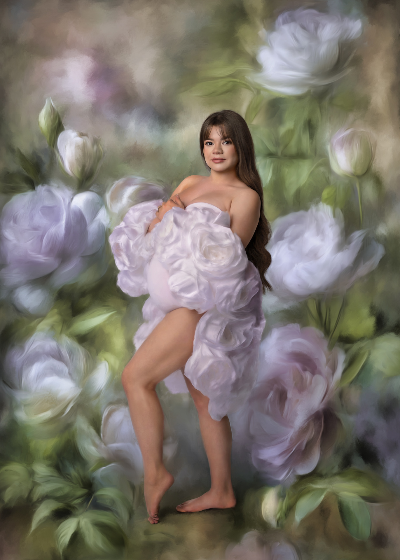 Maternity photo of a woman wearing a flower cape, taken in a studio in Williamsburg, VA by Marika H Photography